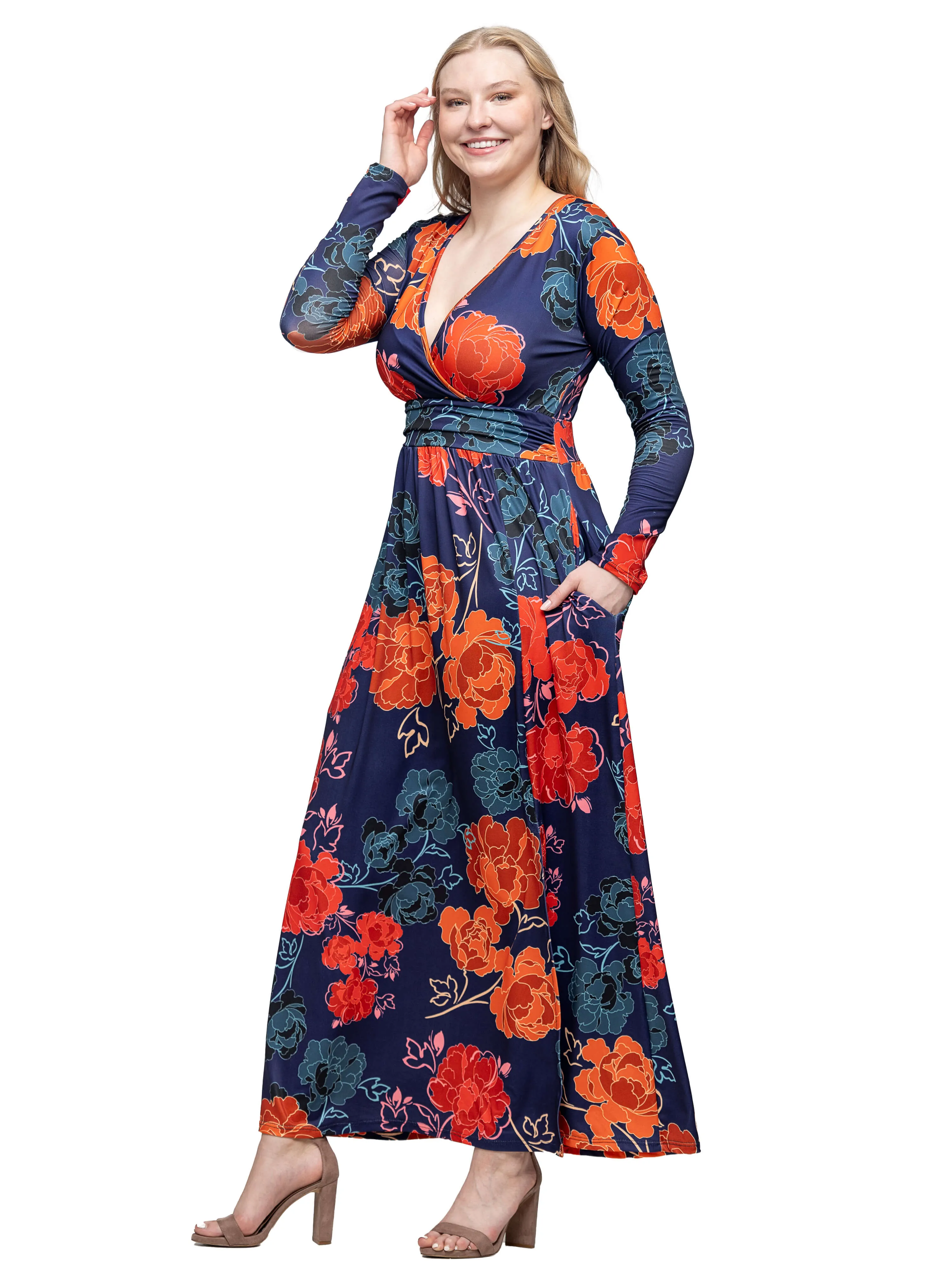 Navy Floral Print Long Sleeve Side Slit Maxi Dress