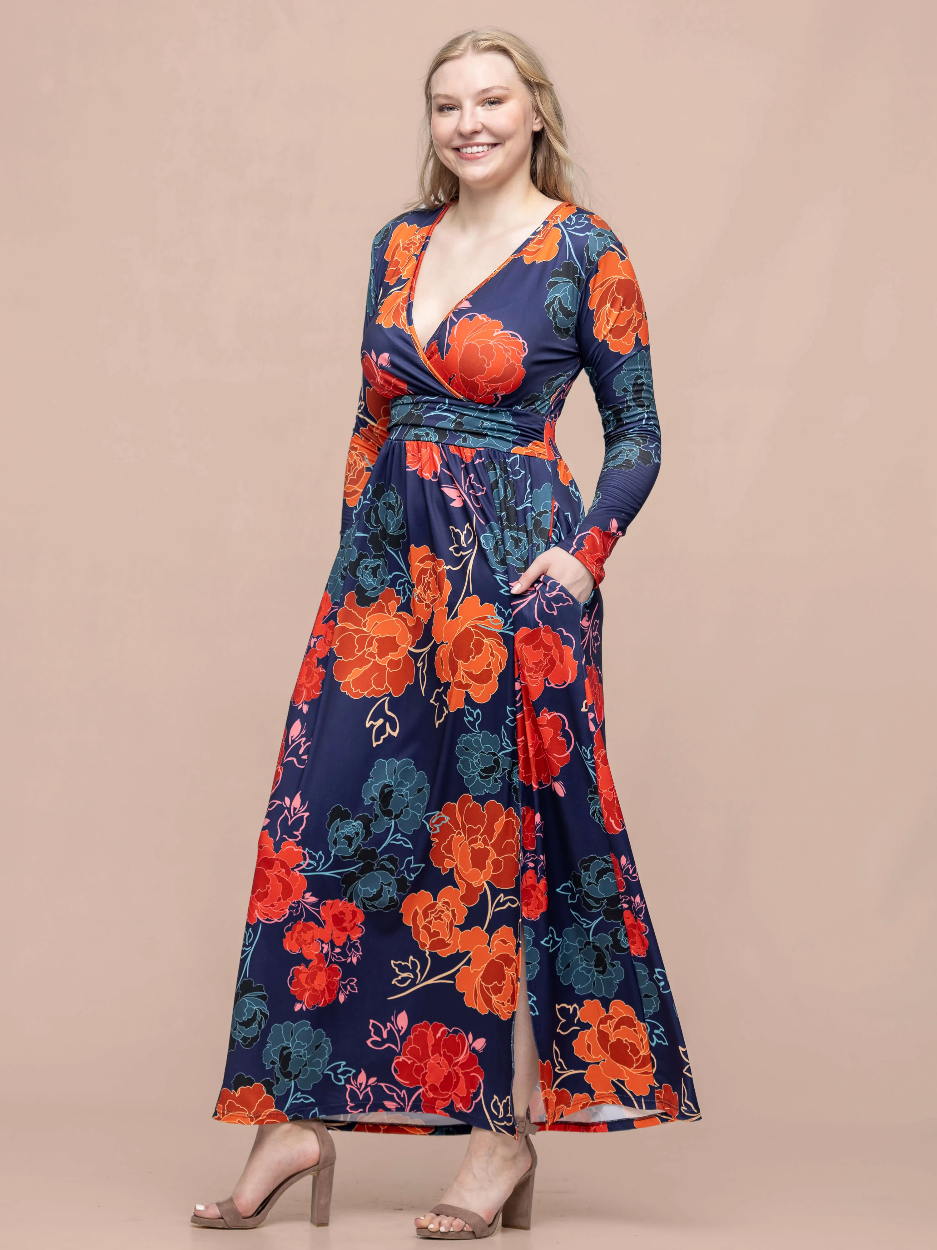 Navy Floral Print Long Sleeve Side Slit Maxi Dress