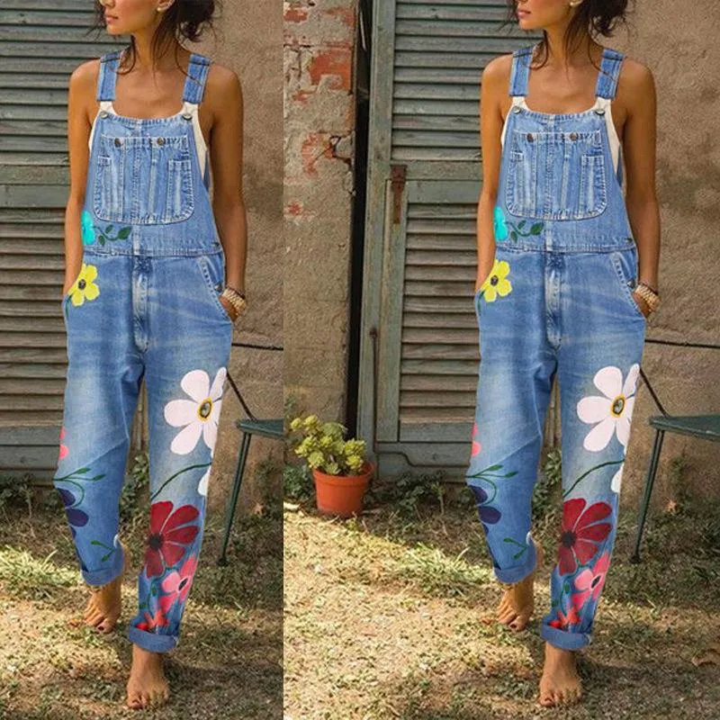 Overalls For Women Floral Print Pockets  Denim Suspender Trousers