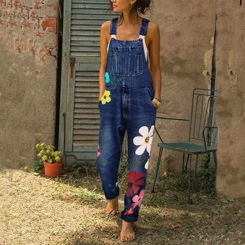 Overalls For Women Floral Print Pockets  Denim Suspender Trousers