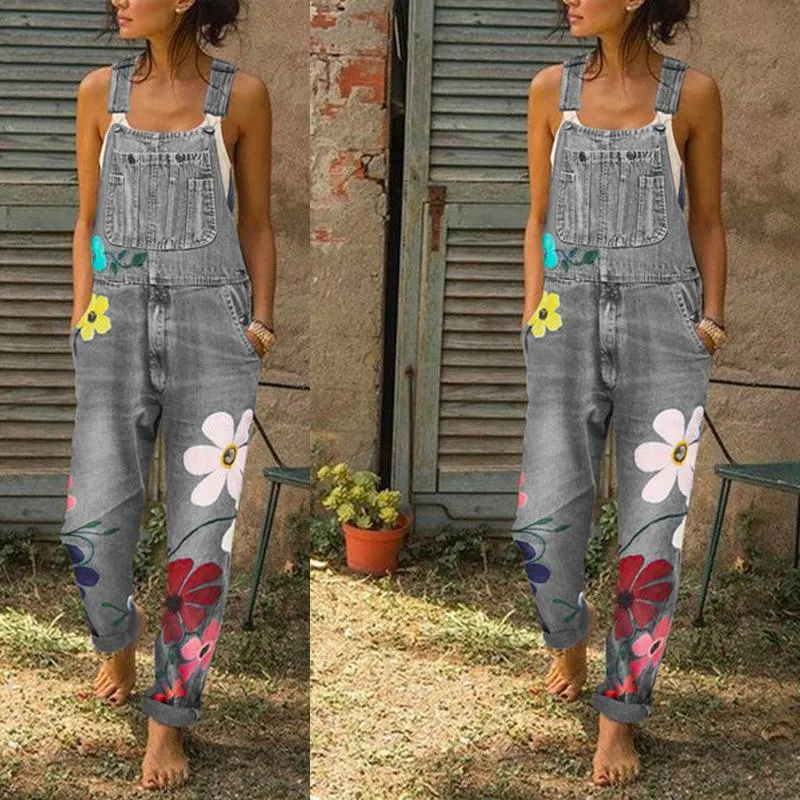 Overalls For Women Floral Print Pockets  Denim Suspender Trousers