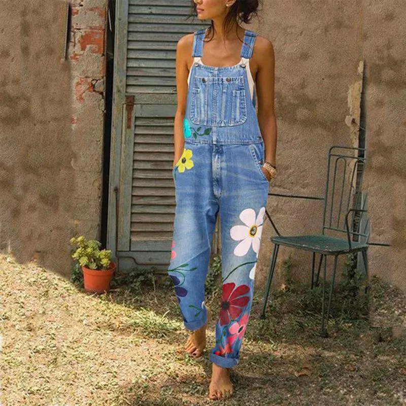 Overalls For Women Floral Print Pockets  Denim Suspender Trousers