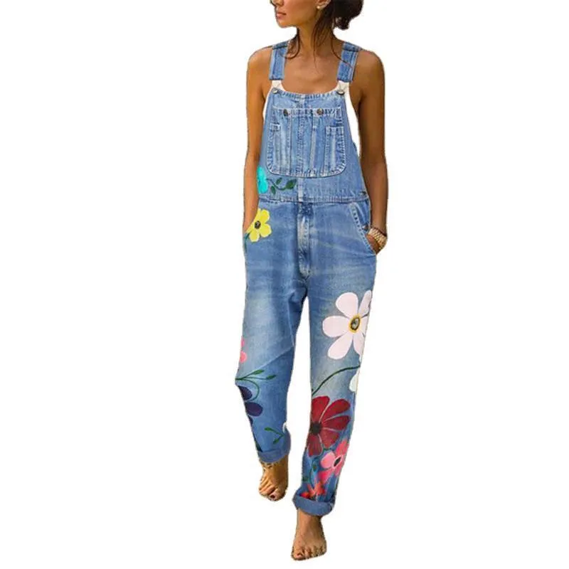 Overalls For Women Floral Print Pockets  Denim Suspender Trousers