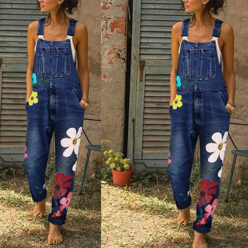 Overalls For Women Floral Print Pockets  Denim Suspender Trousers