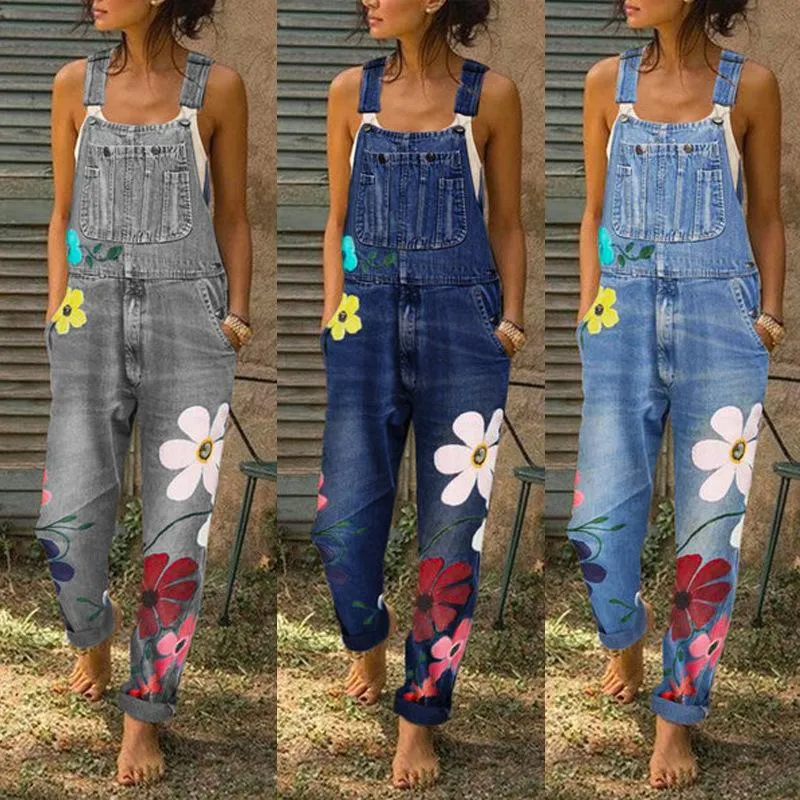 Overalls For Women Floral Print Pockets  Denim Suspender Trousers