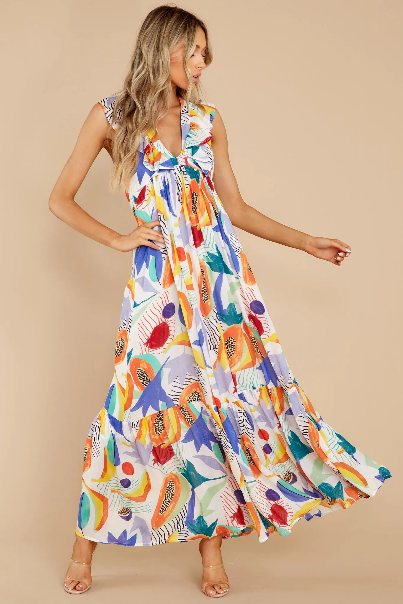 Papaya Yellow Ruffle V-Neck Maxi Dress