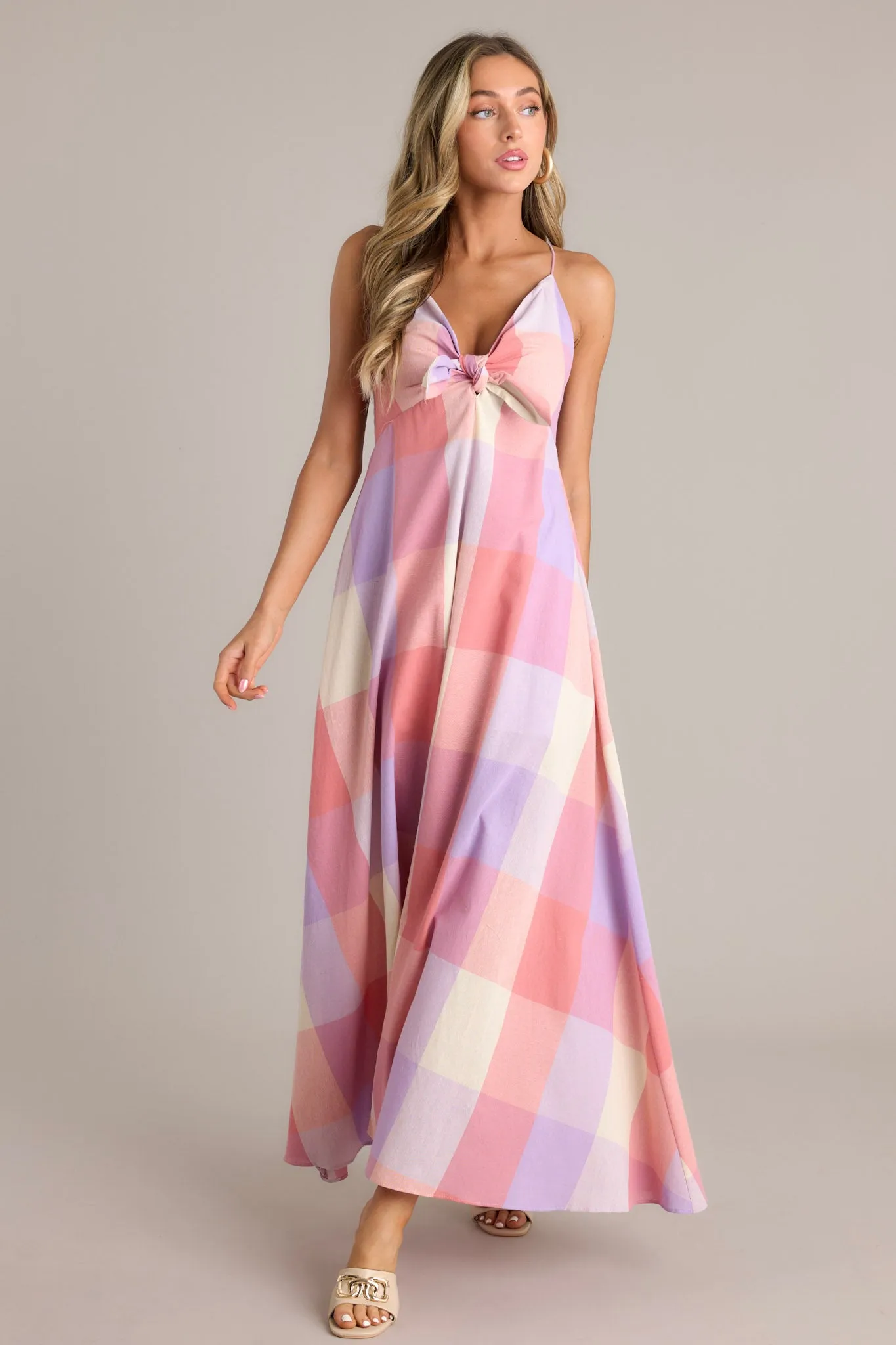 Pastel Dreams Pink Multi Plaid Cotton Blend Maxi Dress