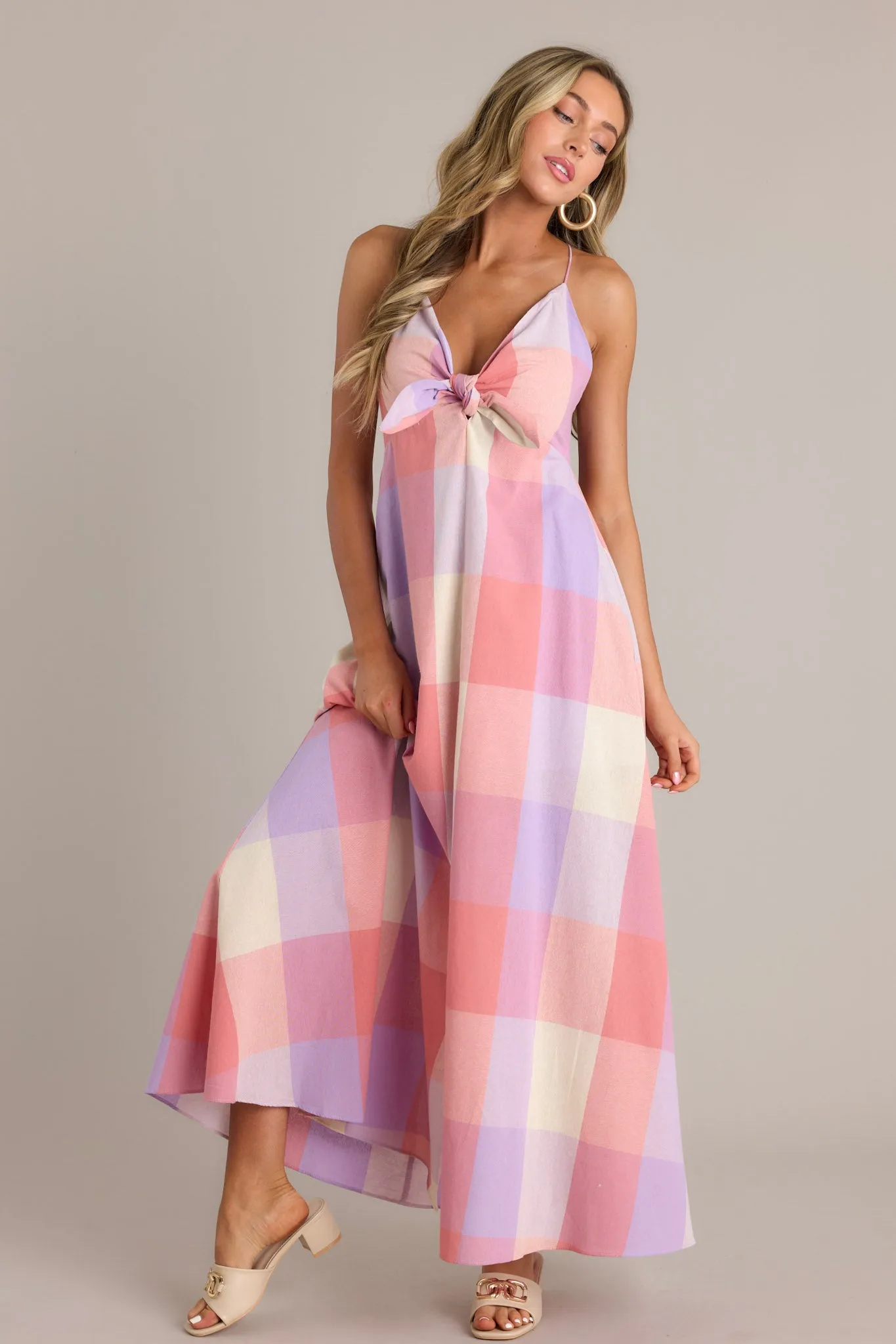 Pastel Dreams Pink Multi Plaid Cotton Blend Maxi Dress