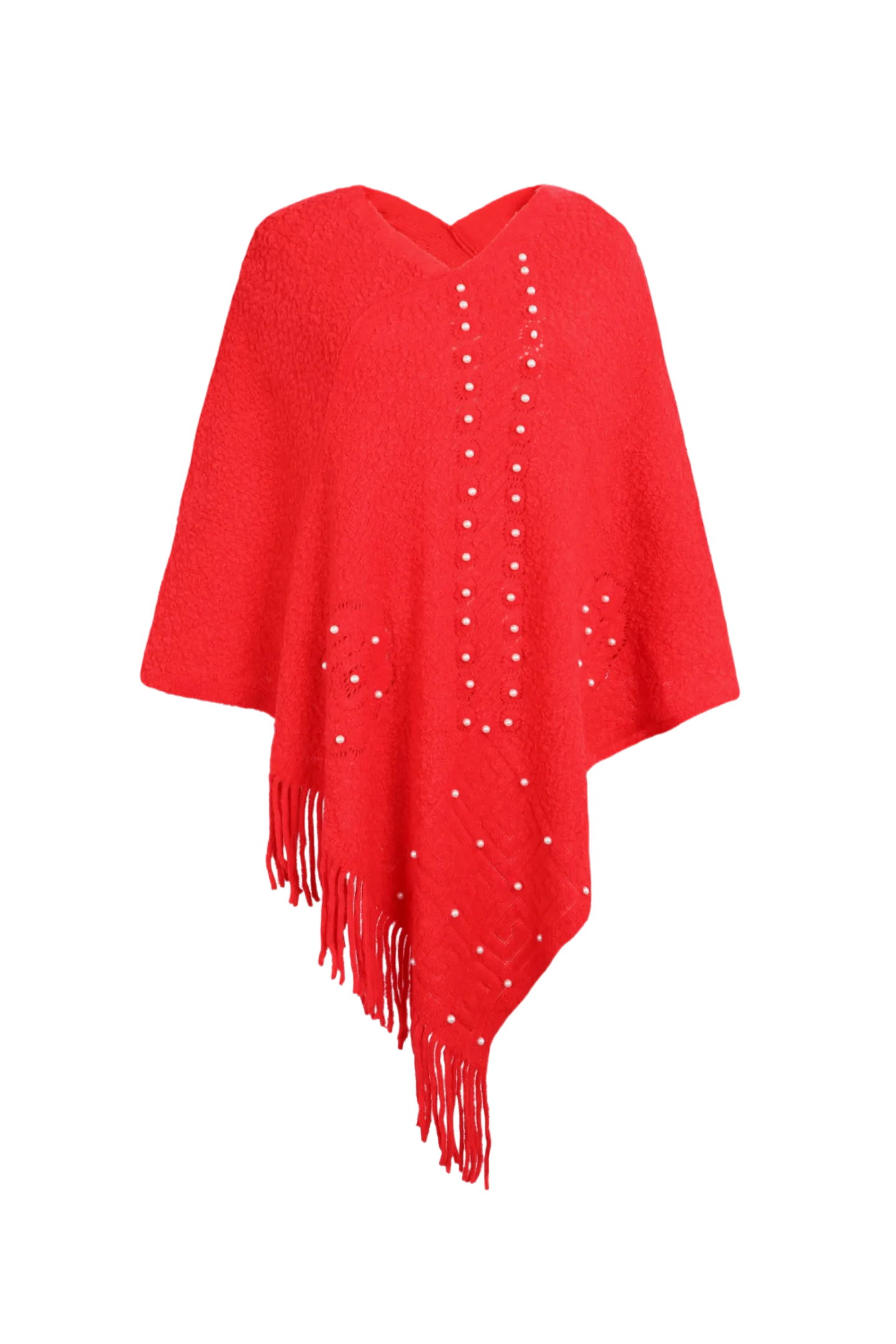 Pearl Trim Fringe Hem Poncho