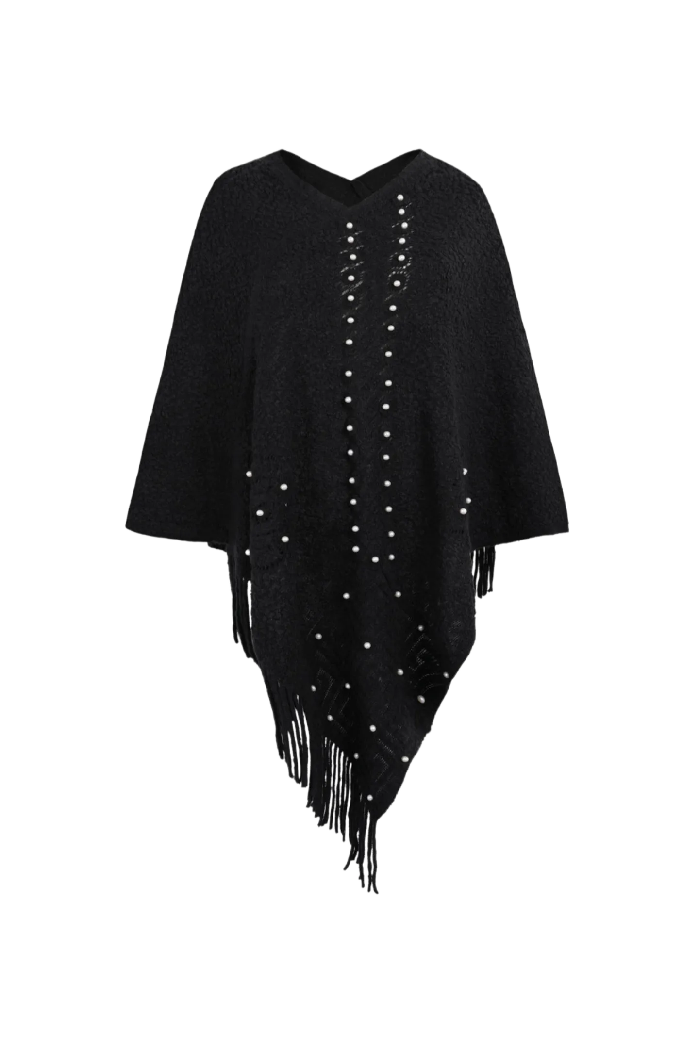 Pearl Trim Fringe Hem Poncho