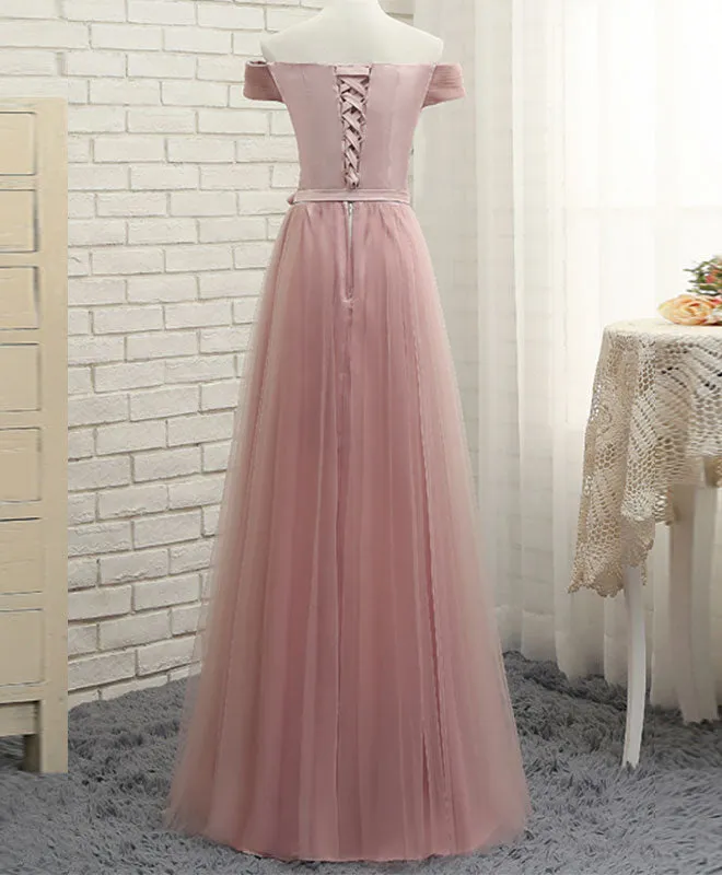 Pink A LineTulle Off Shoulder Long Prom Dress, Evening Dress