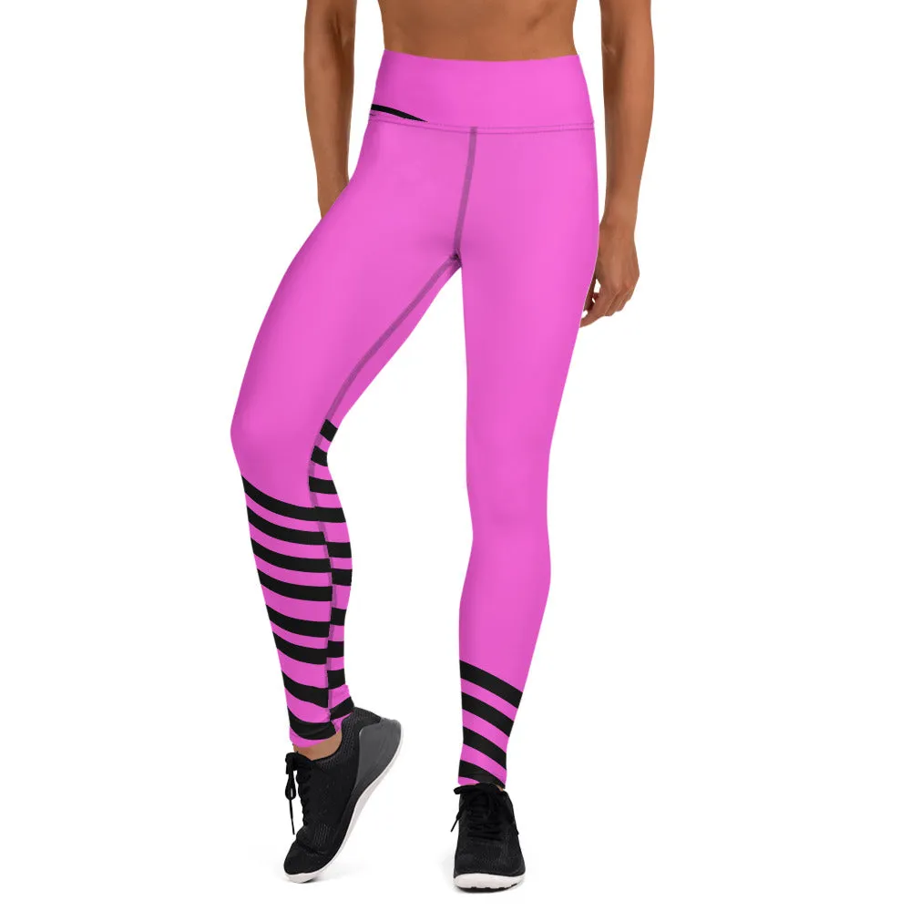 Pink Black Striped Yoga Leggings, Modern Designer Women's Yoga Pants-Made in USA/EU