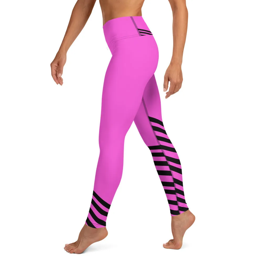 Pink Black Striped Yoga Leggings, Modern Designer Women's Yoga Pants-Made in USA/EU