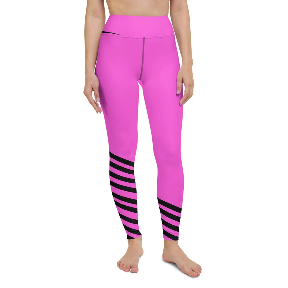 Pink Black Striped Yoga Leggings, Modern Designer Women's Yoga Pants-Made in USA/EU