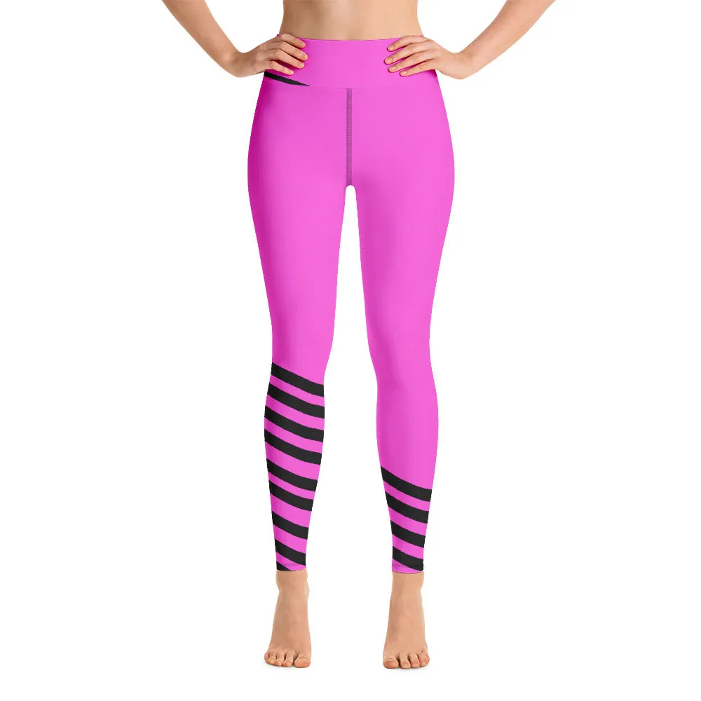 Pink Black Striped Yoga Leggings, Modern Designer Women's Yoga Pants-Made in USA/EU