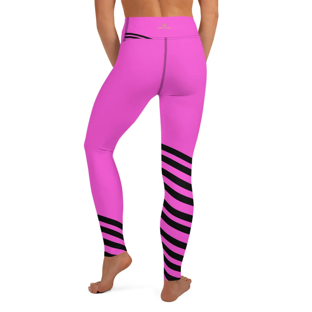 Pink Black Striped Yoga Leggings, Modern Designer Women's Yoga Pants-Made in USA/EU