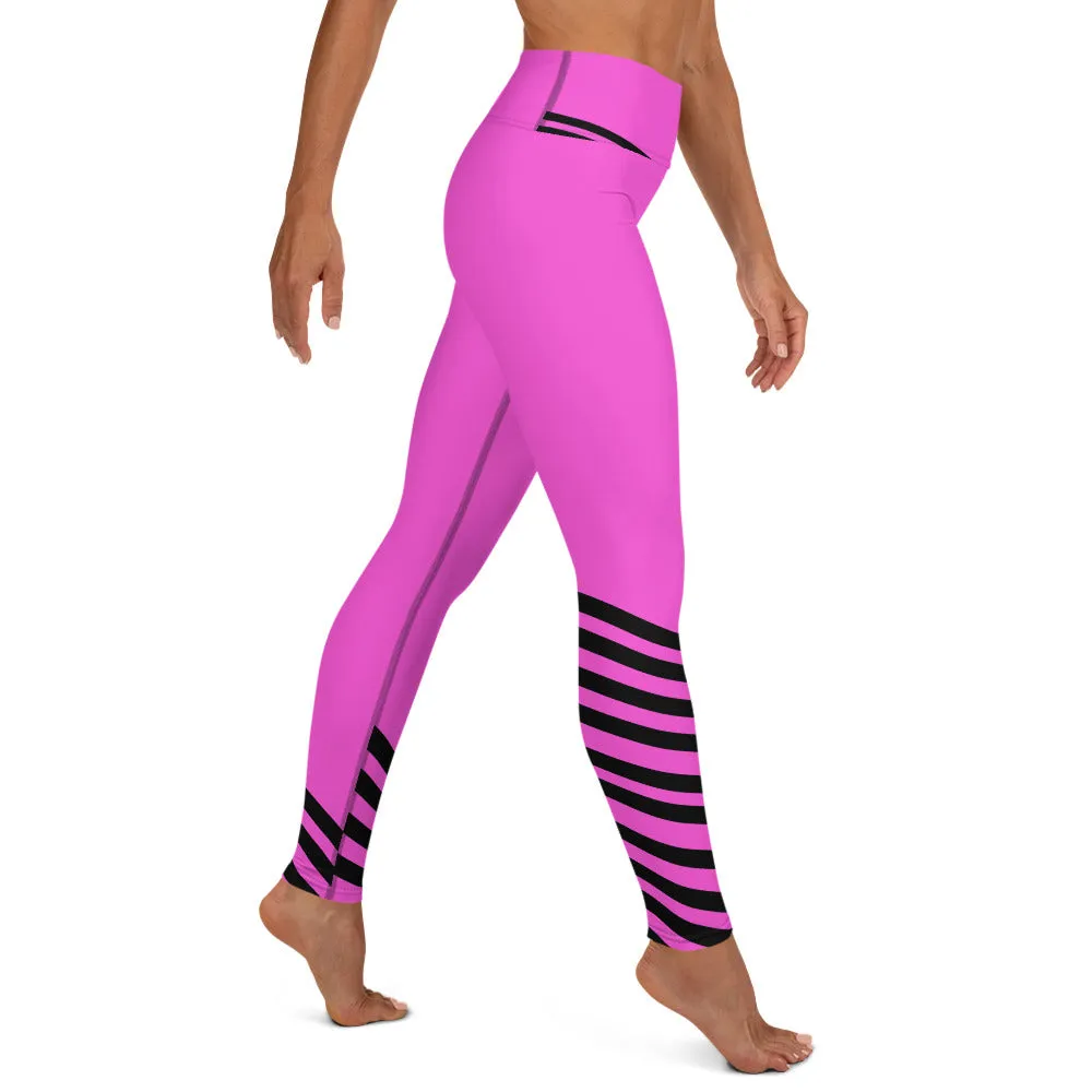 Pink Black Striped Yoga Leggings, Modern Designer Women's Yoga Pants-Made in USA/EU