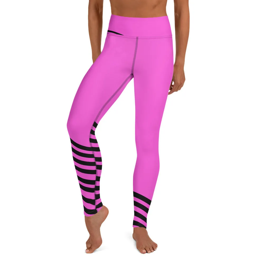 Pink Black Striped Yoga Leggings, Modern Designer Women's Yoga Pants-Made in USA/EU