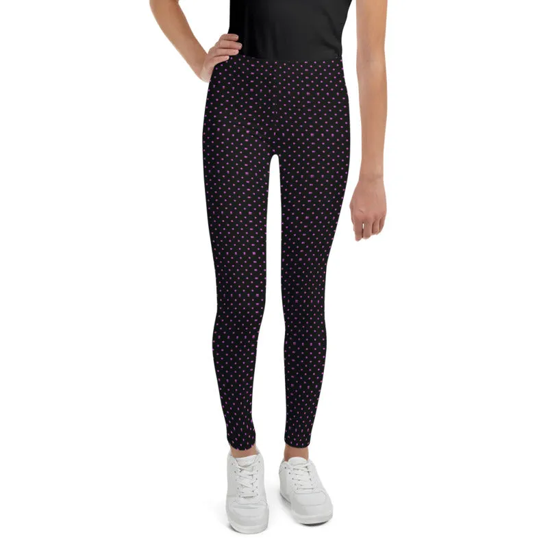 Pink Polka Dots Print Premium Designer Youth Leggings Tight Pants- Made in USA/ EU