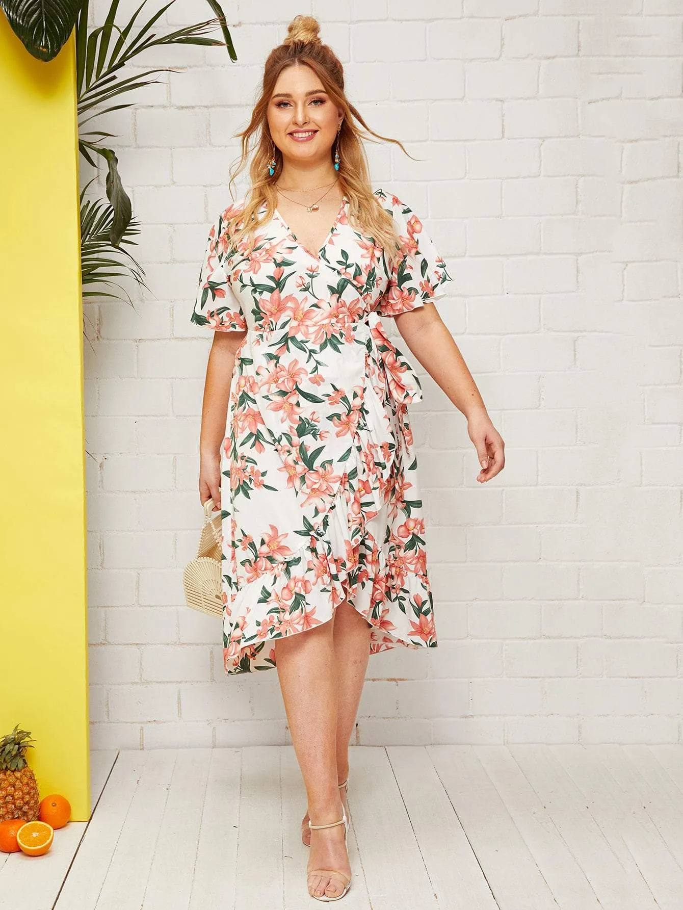 Plus Floral Print Ruffle Trim Knot Side Wrap Dress