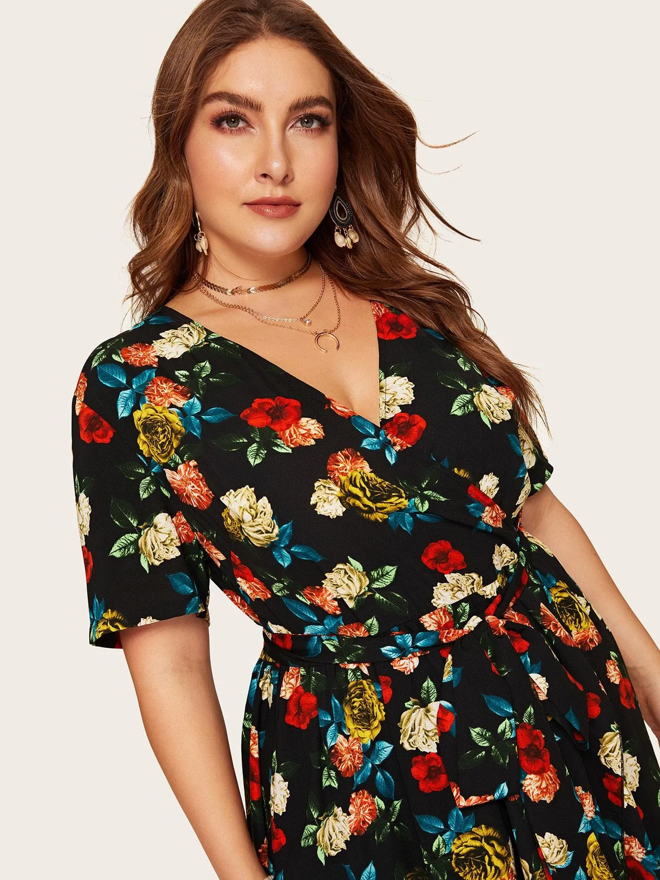 Plus Surplice Wrap Floral Dress With Belt