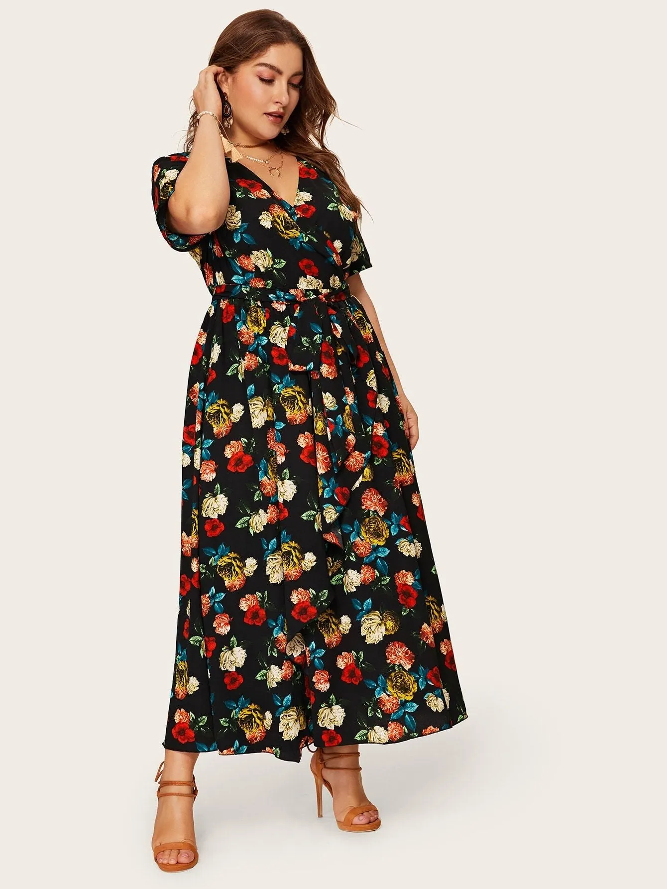 Plus Surplice Wrap Floral Dress With Belt