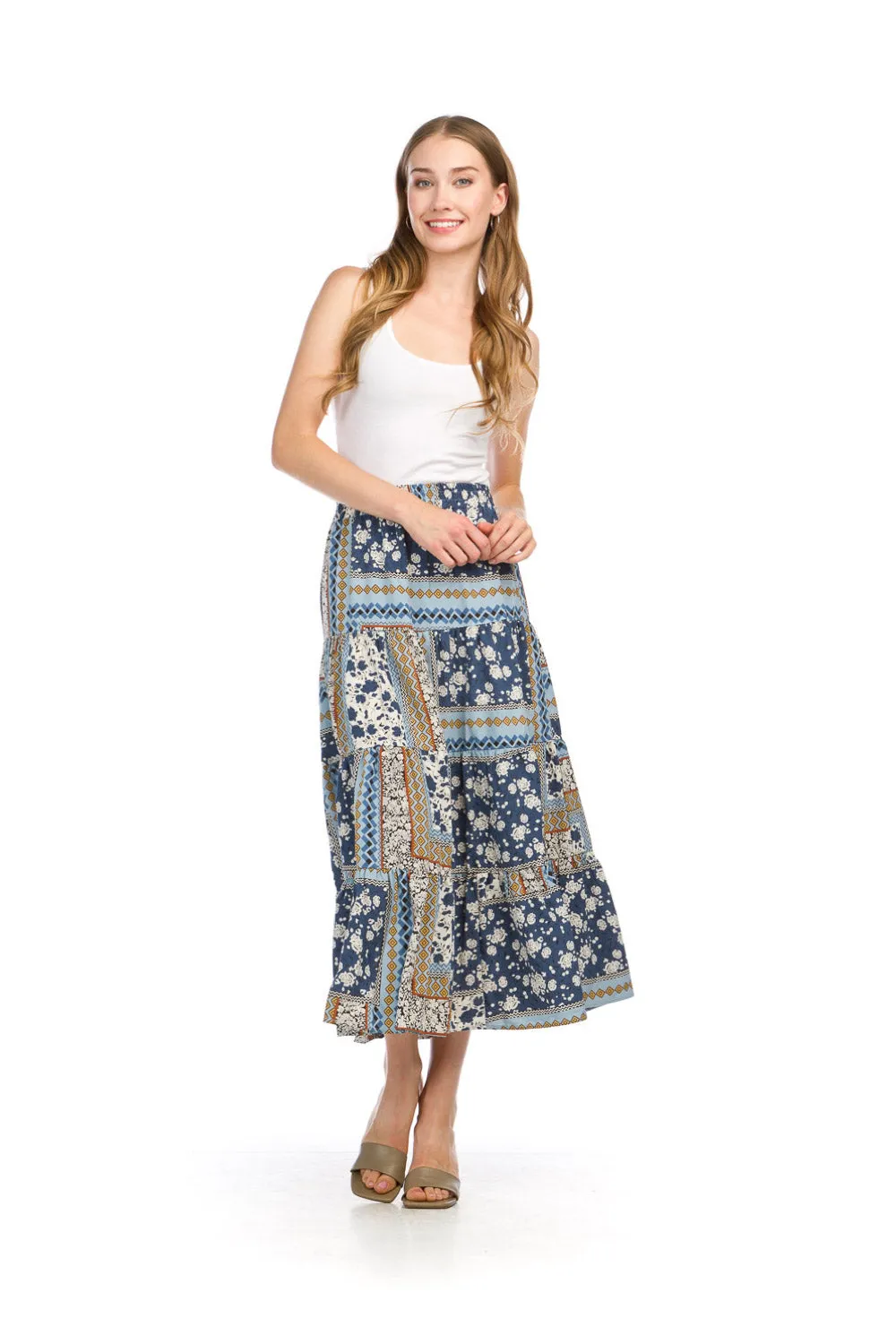 PS16916 BLUE Patchwork Maxi Skirt with Elastic Waist