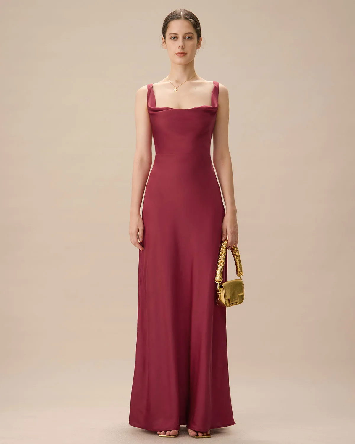 Red Cowl Neck Sheath Satin Maxi Dress