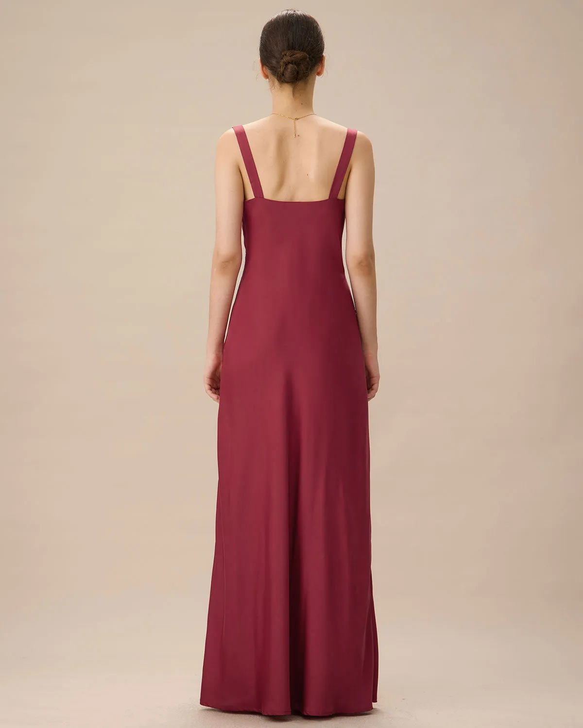 Red Cowl Neck Sheath Satin Maxi Dress