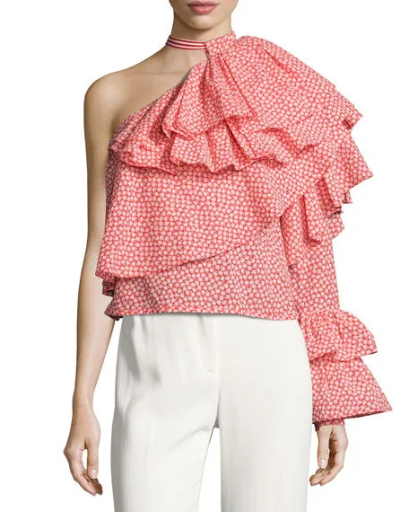 Rosie Assoulin Printed One-Shoulder Ruffled Cotton Top