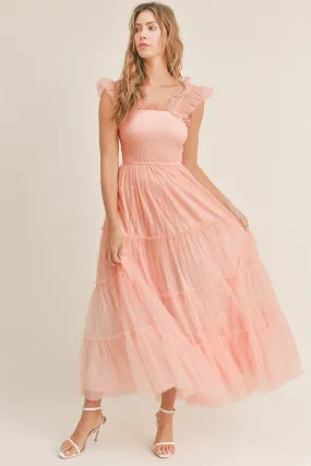 RUFFLED TULLE MAXI DRESS IN BLUSH