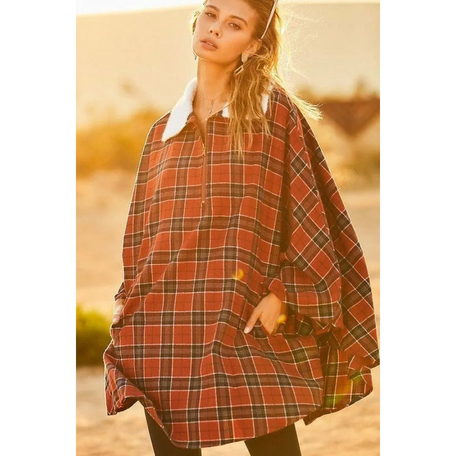 Rust Plaid Poncho with Mock Neck and Front Pockets