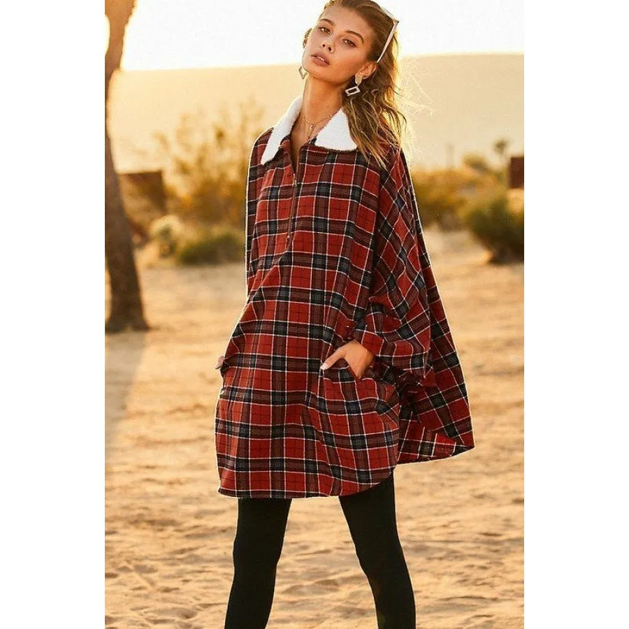 Rust Plaid Poncho with Mock Neck and Front Pockets