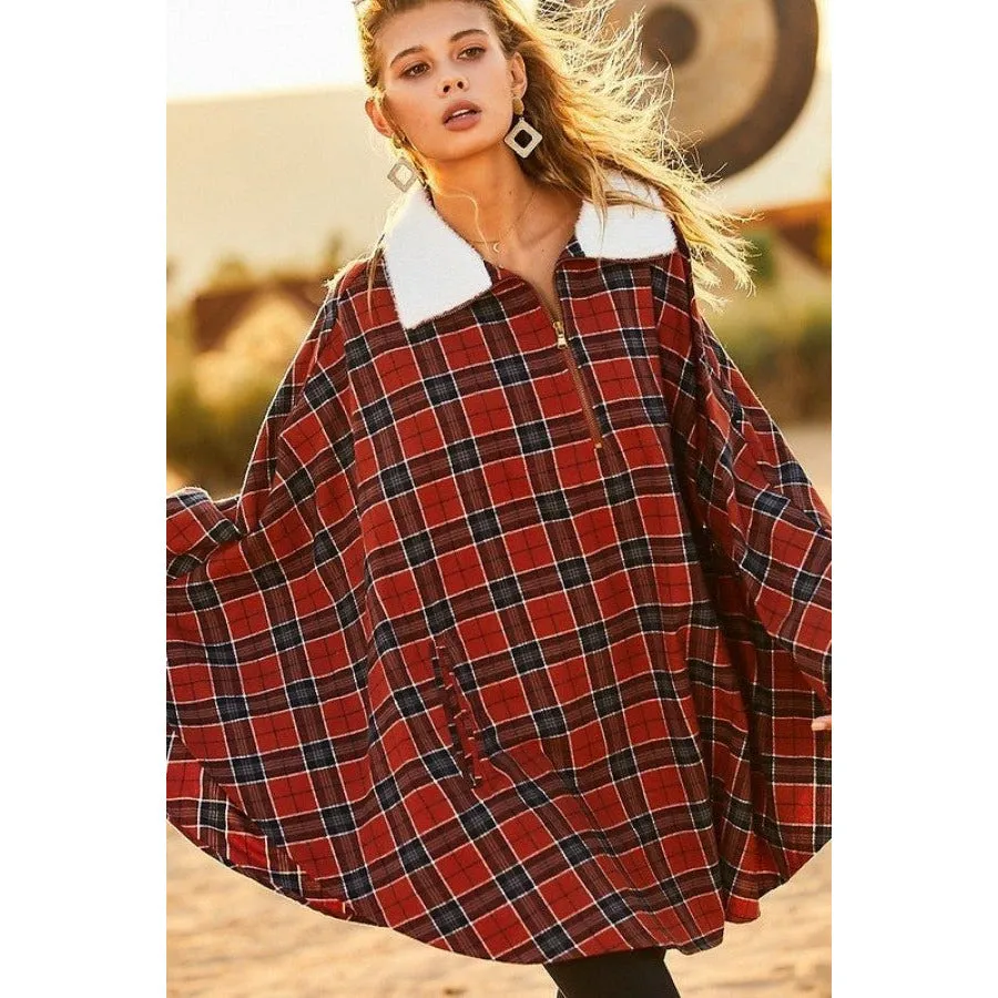 Rust Plaid Poncho with Mock Neck and Front Pockets