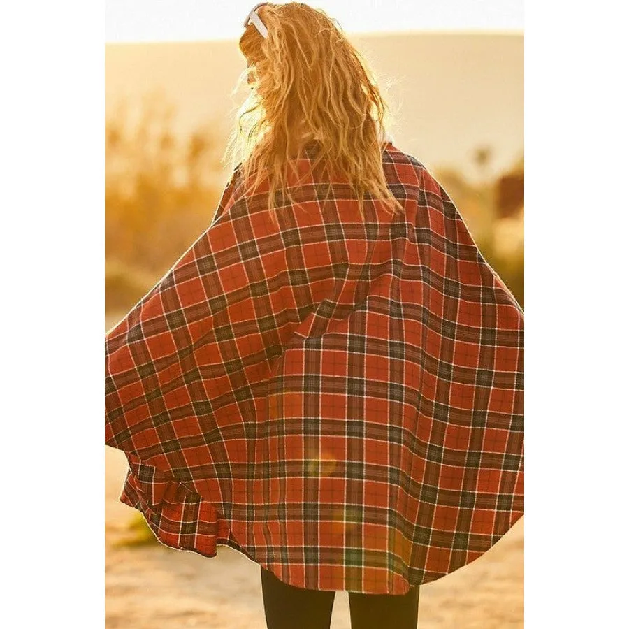 Rust Plaid Poncho with Mock Neck and Front Pockets