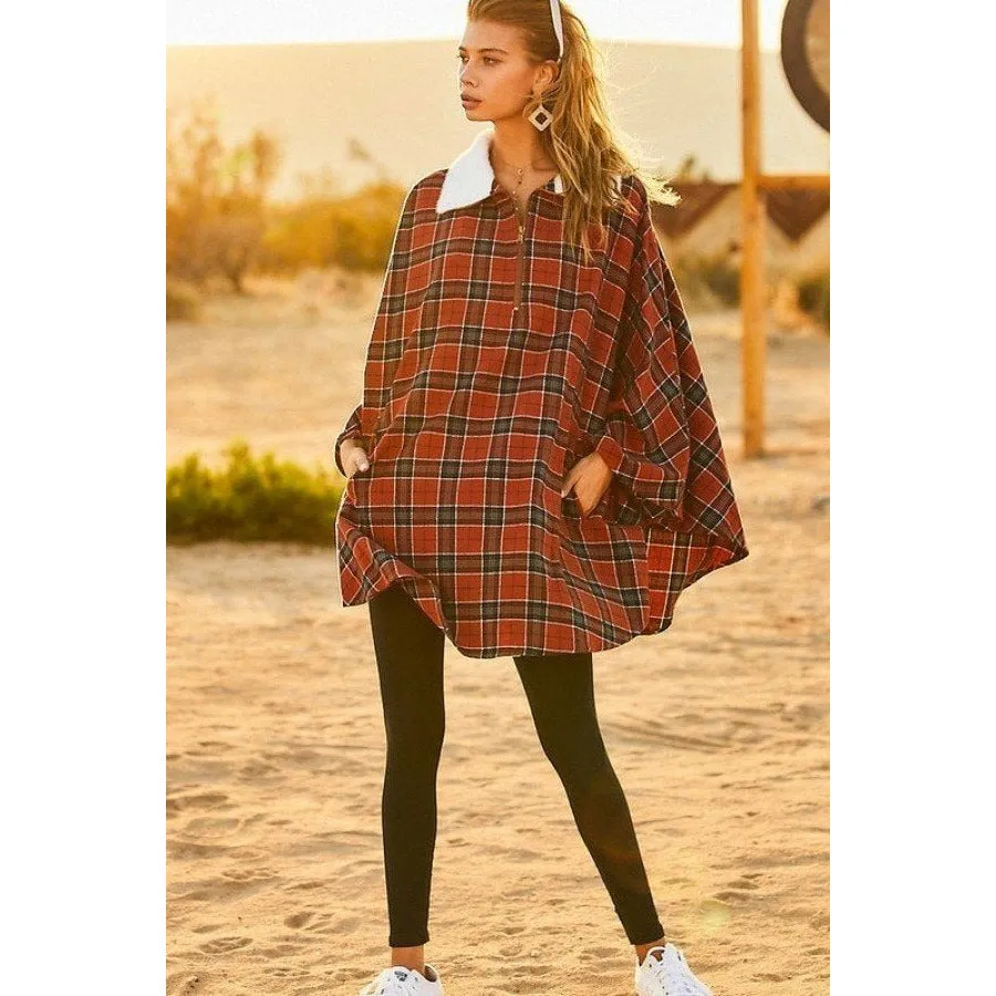 Rust Plaid Poncho with Mock Neck and Front Pockets