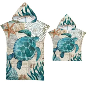 Sea Turtle Large Beach Towel Bath Towels Quick Dry Hooded Cloak Wetsuit Adult Kids Poncho Parent-Child Bathrobe for Swim Surf