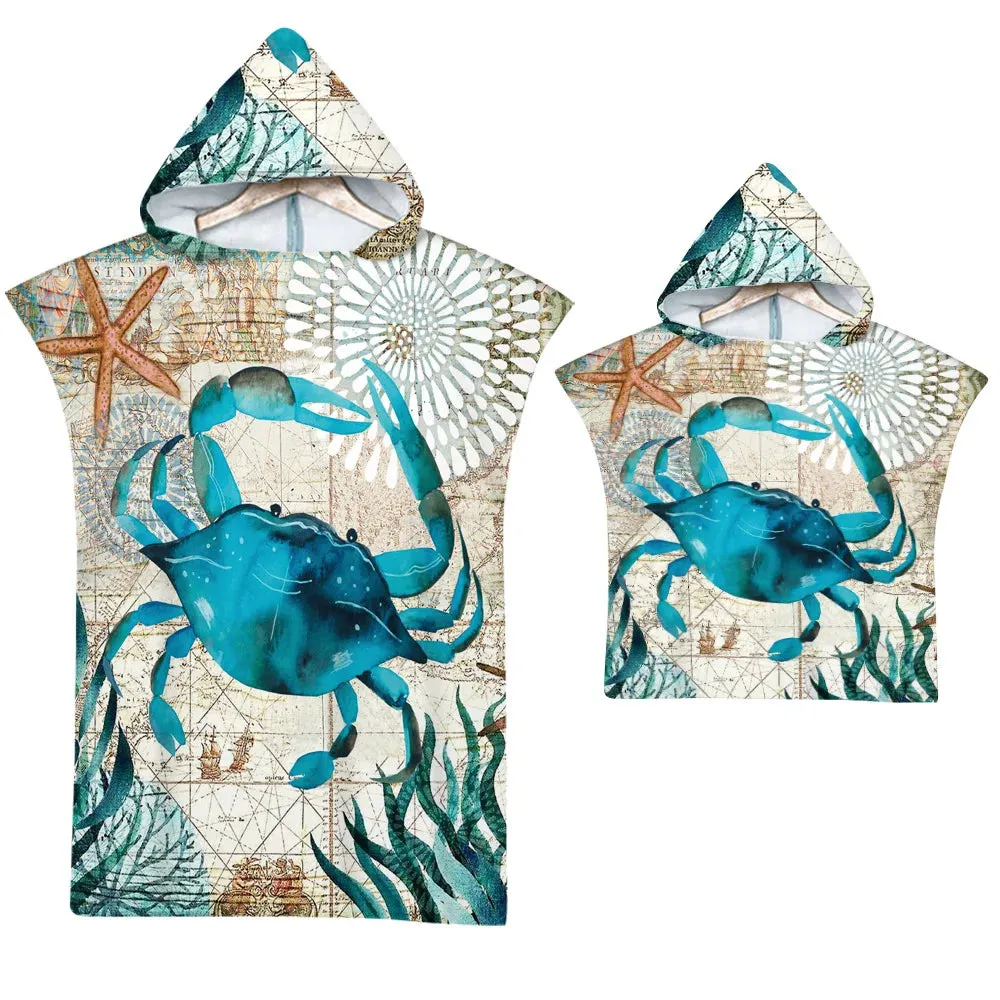 Sea Turtle Large Beach Towel Bath Towels Quick Dry Hooded Cloak Wetsuit Adult Kids Poncho Parent-Child Bathrobe for Swim Surf