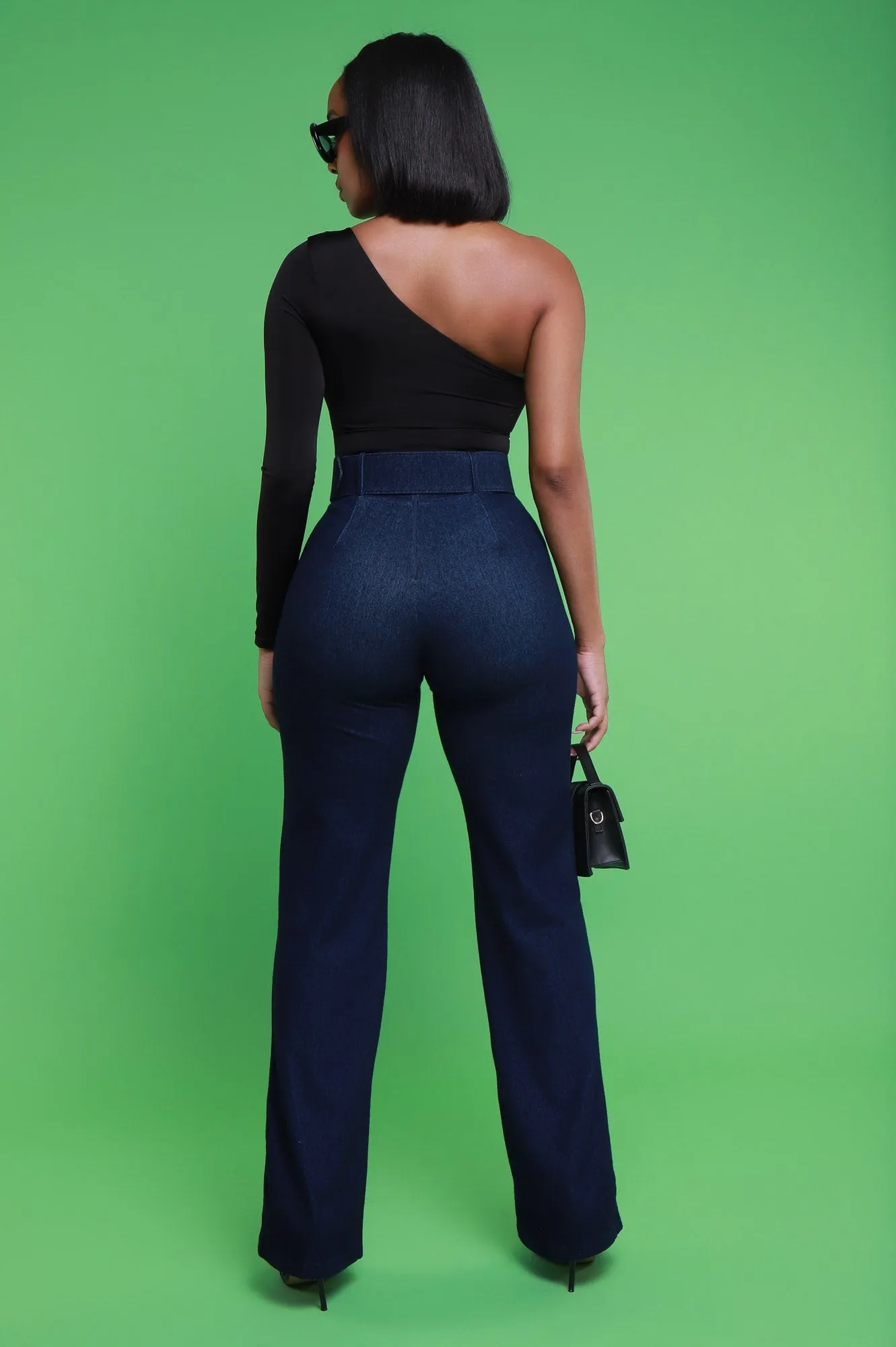 See It Through High Rise Belted Denim Pants - Dark Blue