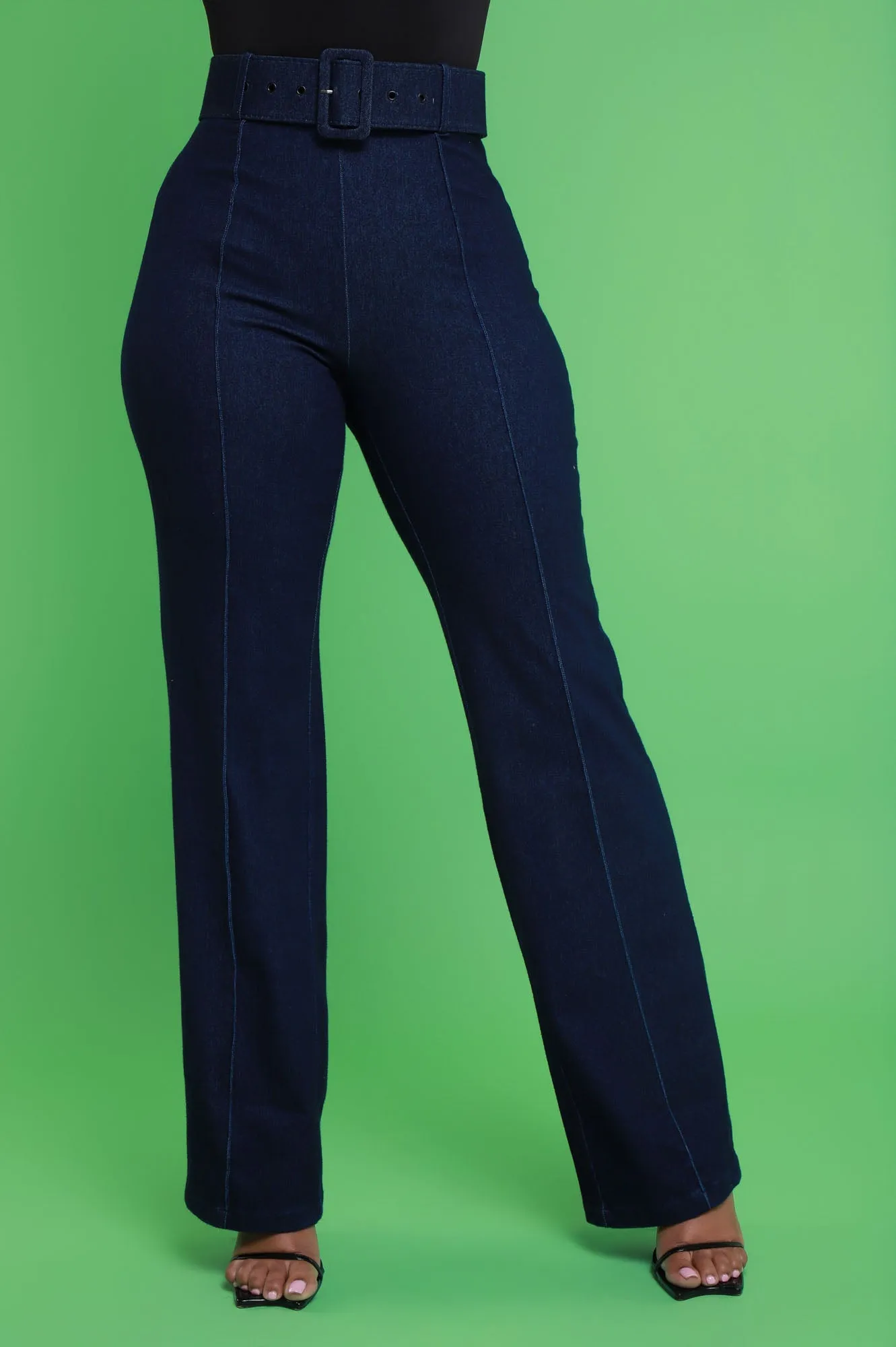 See It Through High Rise Belted Denim Pants - Dark Blue