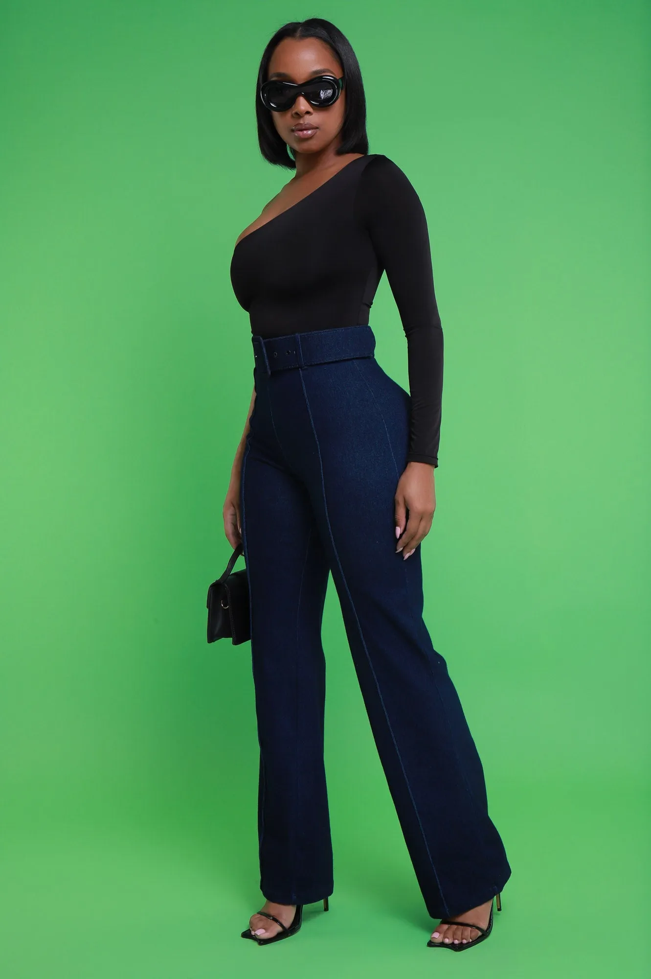 See It Through High Rise Belted Denim Pants - Dark Blue