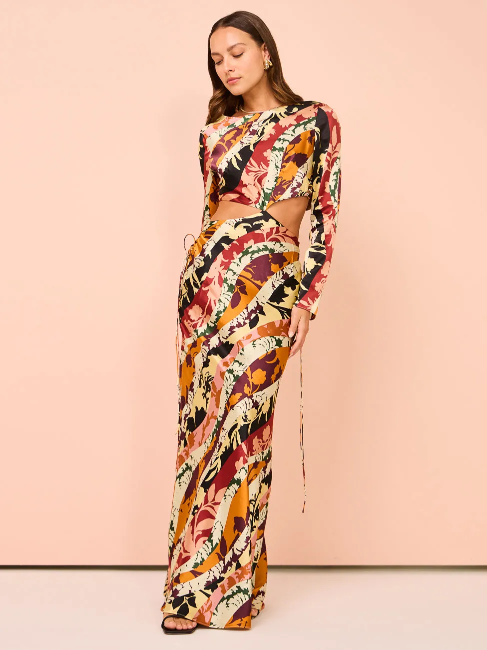 Shona Joy Cielo Silk Lace Up Maxi Dress in Tangerine/Multi