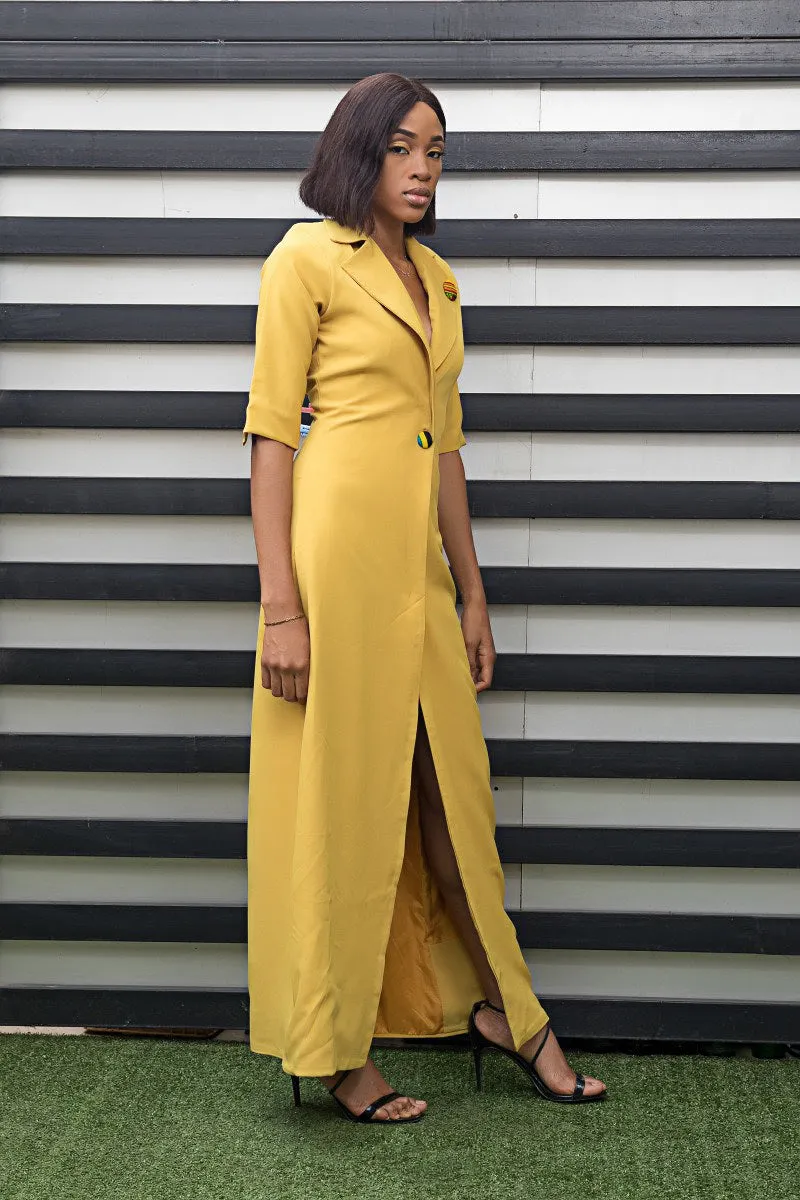 Shuri Mustard Yellow Tuxedo Maxi Dress