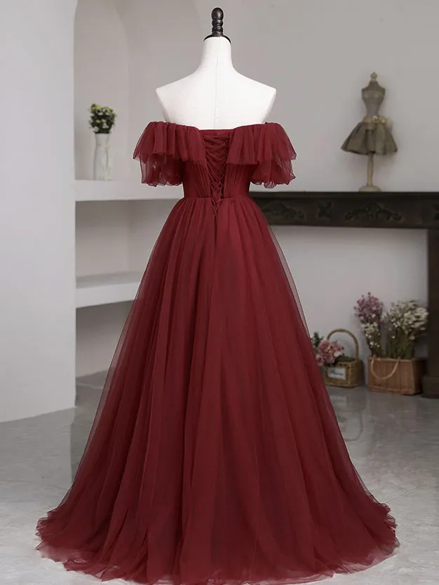 Simple Burgundy A line Long Prom Dresses, Burgundy Bridesmaid Dresses