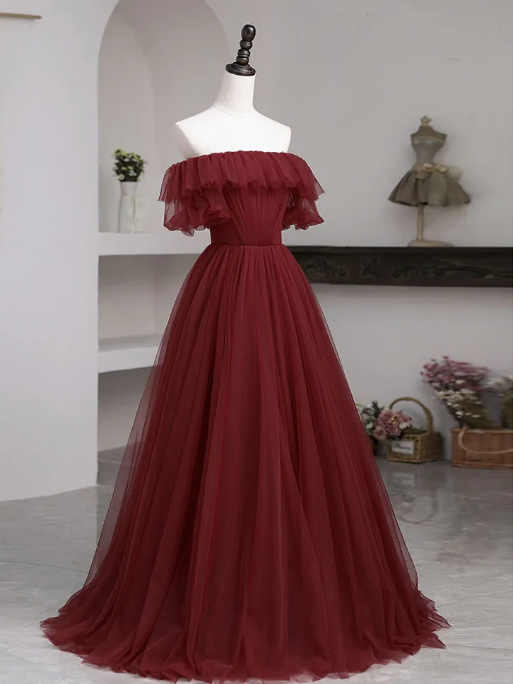 Simple Burgundy A line Long Prom Dresses, Burgundy Bridesmaid Dresses