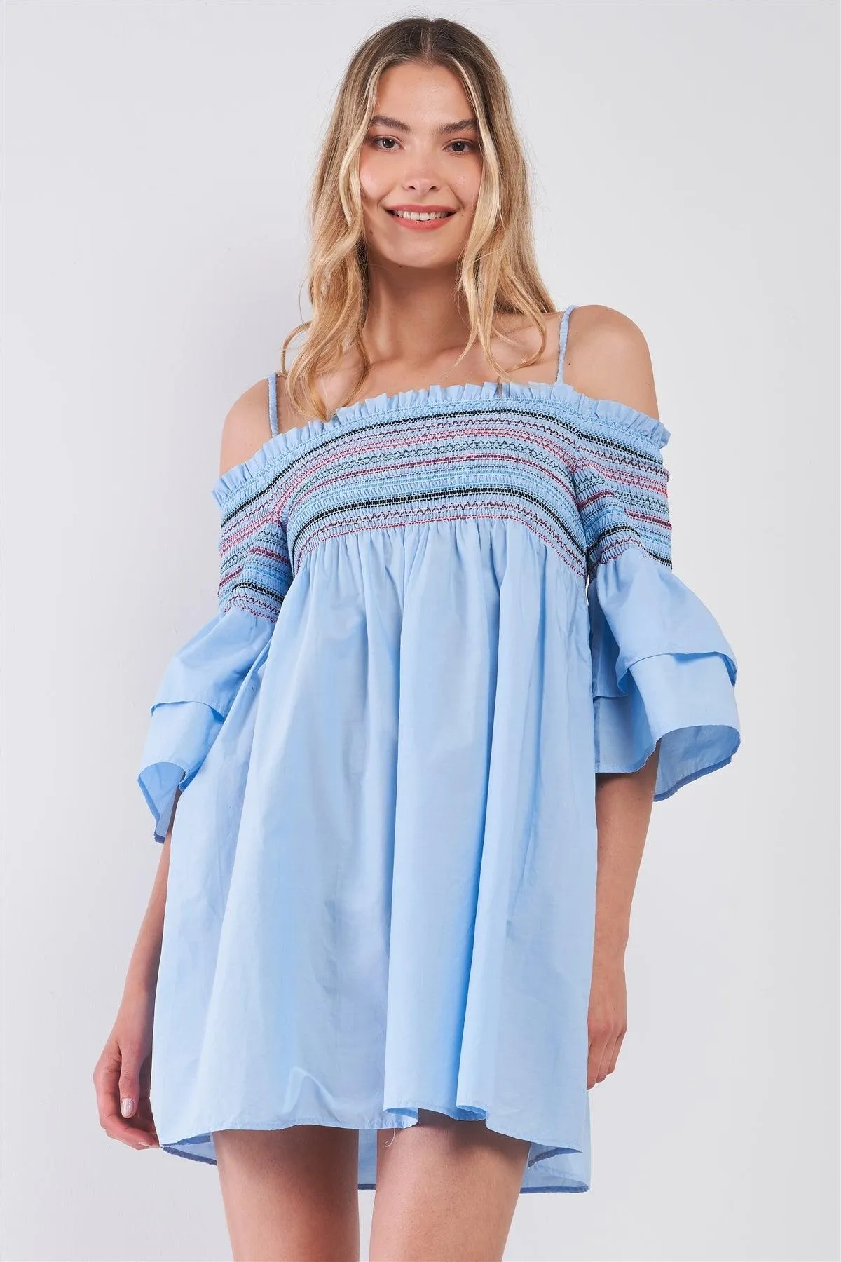 Sky Blue Cold Shoulder Colorful Stitching Smock Trim Layered Bell Sleeve Babydoll Mini Dress /3-3