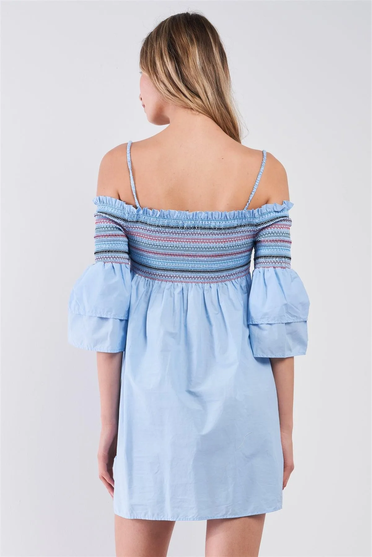 Sky Blue Cold Shoulder Colorful Stitching Smock Trim Layered Bell Sleeve Babydoll Mini Dress /3-3