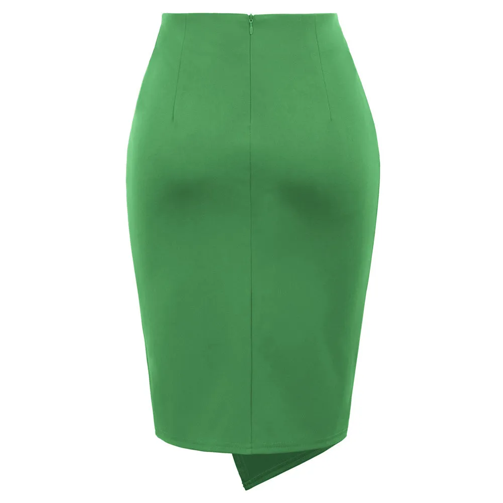 Solid Color Asymmetrical Wrap Front Stretchy Bodycon Pencil Skirt