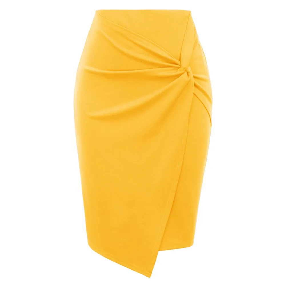 Solid Color Asymmetrical Wrap Front Stretchy Bodycon Pencil Skirt