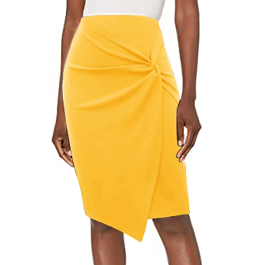 Solid Color Asymmetrical Wrap Front Stretchy Bodycon Pencil Skirt